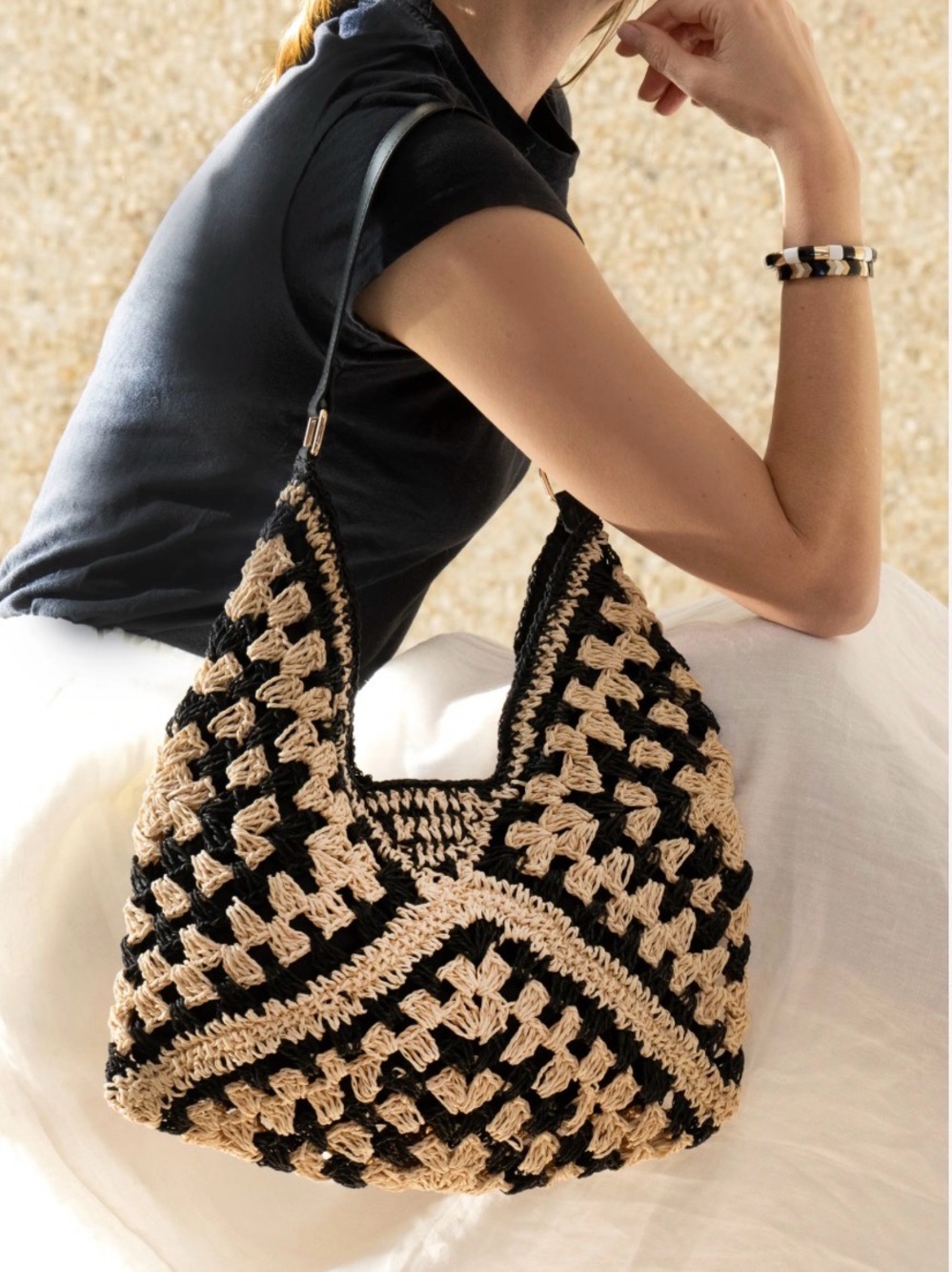 Nina Black and Natural Crochet Shoulder Bag